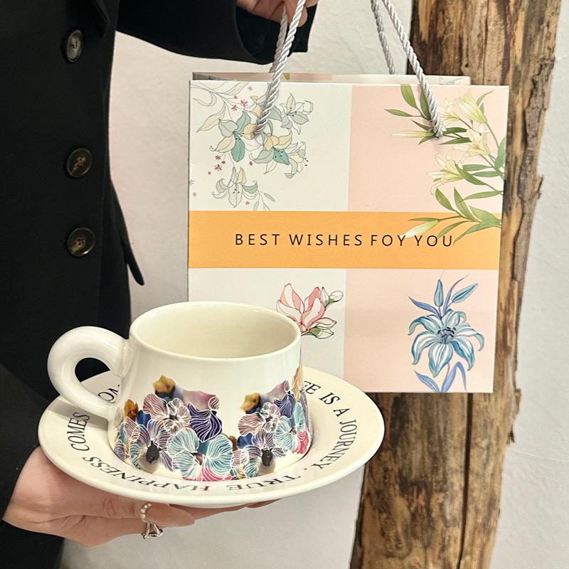 Vintage oil painting watercolor ceramic coffee cup and saucer set afternoon tea mug premium sense souvenir gift box