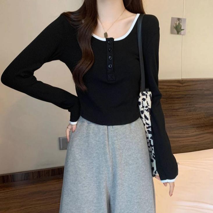 2025 autumn and winter American retro half-breasted T-shirt women's pure desire wind inner long-sleeved irregular contrasting color bottoming shirt