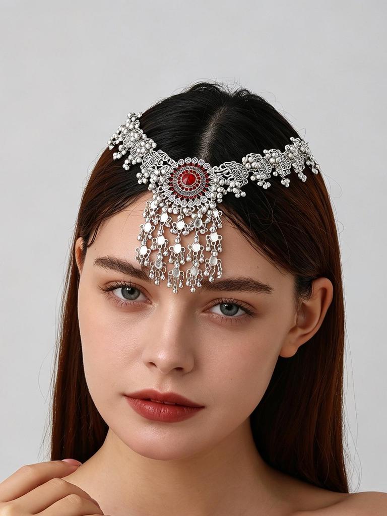 Ethnic Retro Tassel Rhinestone Forehead Chain for Indian Bride