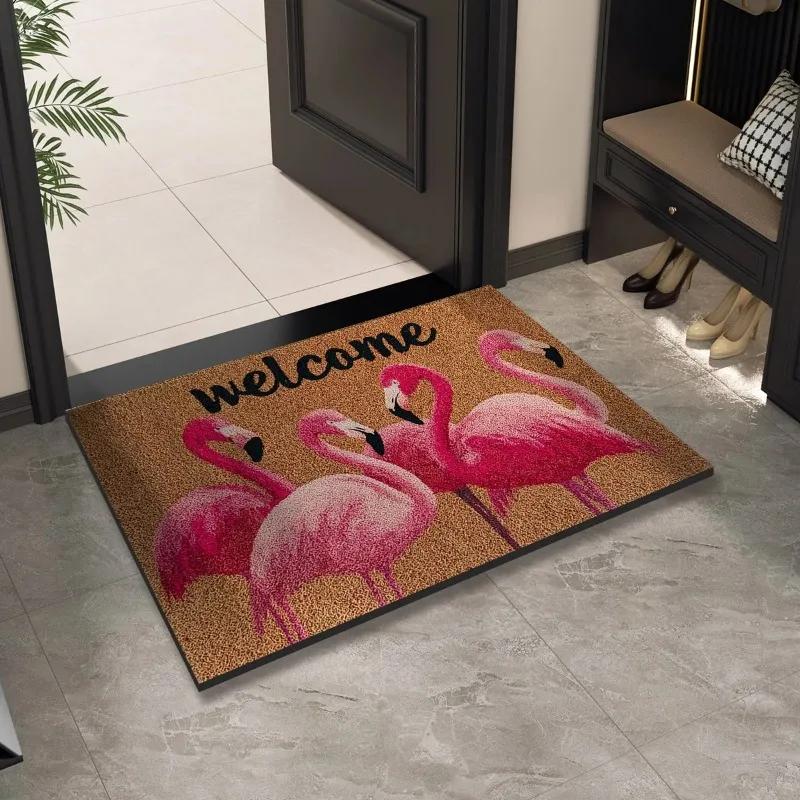 Welcome Flamingo Doormat: Washable Indoor Outdoor Entrance Carpet Rug Home Decoration Floor Mat for Front Door Hallway Bathroom