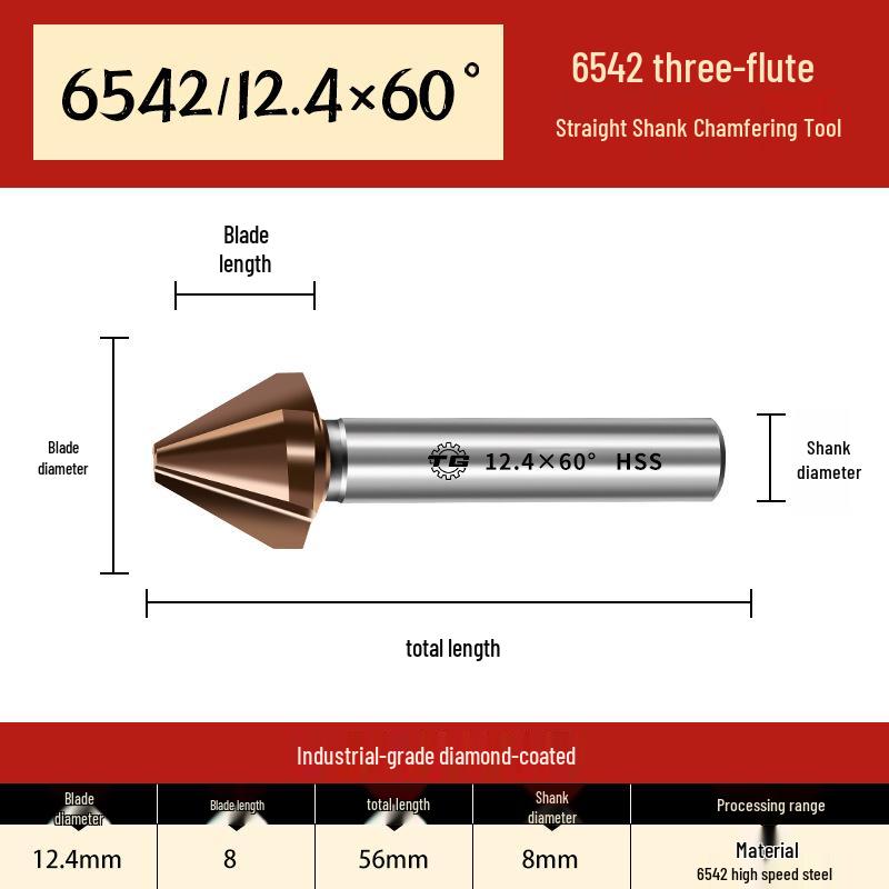 Tiangong 6542 Cobalt HSS 60° Single-Edge Chamfering, Deburring, and Countersink Cutter with Straight Shank.