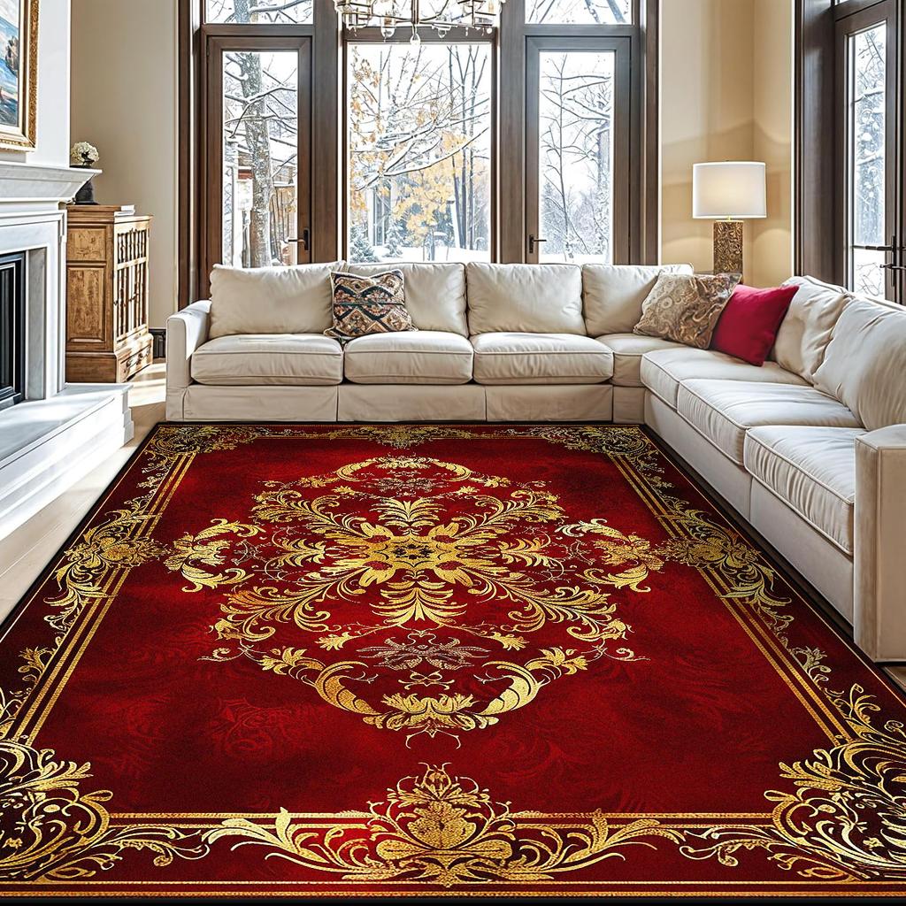 European Red Golden Large Area Rugs Living Room Decoration Home Sofa Area Carpet Gorgeous Bedroom Non-slip Floor Mat Washable