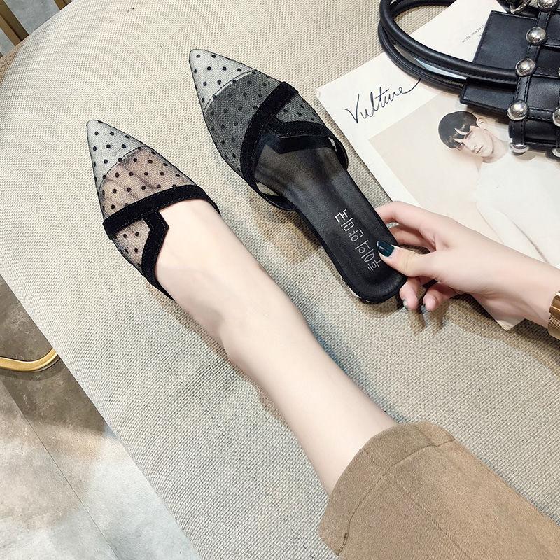 Fashion Shoes for Women Polka Dots Low Heel Woman Mules Slippers Mesh Pointed Toe Sexy Slides Waterproof Summer 2025 Trend Price Sandals