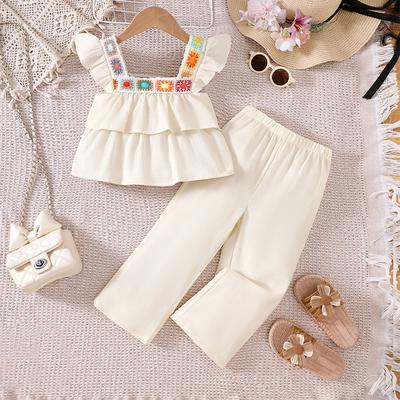 Children Summer Casual Clothes Cute Lace Embroidery Sleeveless Shirt + Long Pants Set for Girls Aged 2-7