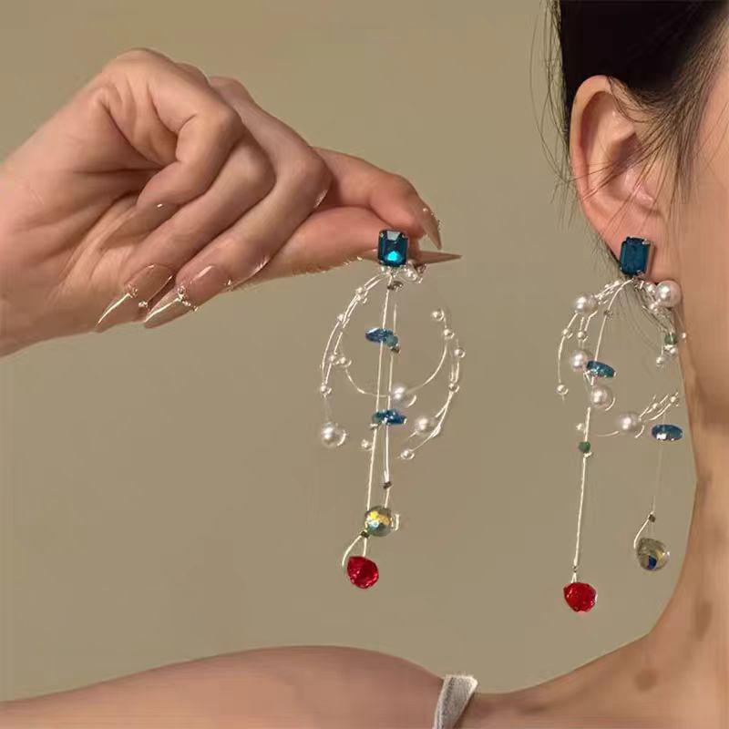 Magic Crystal Star Language~ High-end Sapphire Pearl Stud Earrings Women's Light Luxury Niche Colorful Crystal Tassel Unique Earrings