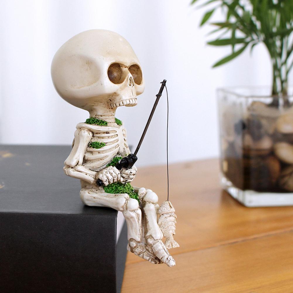 Halloween Skeleton Fishing Figurine Resin Statue Indoor Garden Party Outdoor Ornament Decor For A3T4