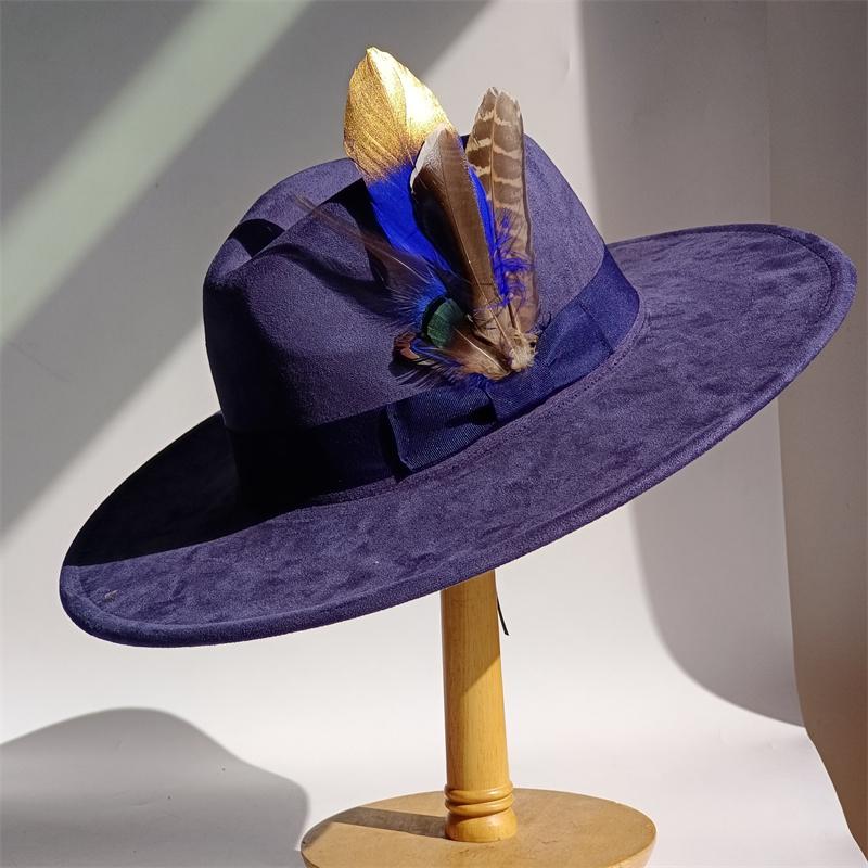 Hellkorallenfarbene Wildleder Zylinder Hut Breiter Rand Fedora Hut Herren Damen Herbst Schleifen und Federbänder Winter Filz Jazz Hüte Fedoras Sombrero 55 -58cm black