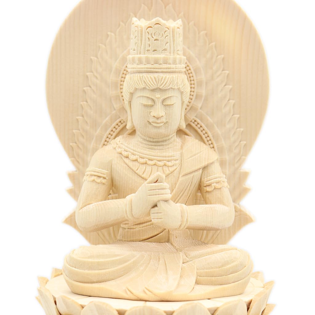 special Buddhist statue Dainichi Nyorai seated statue inches height 23 width depth carved Japanese cypress wood with a sun halo and hexagonal base