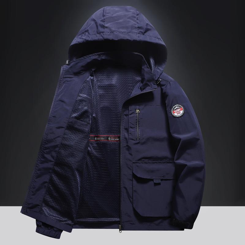 Spring and Autumn Hooded Jacket Men's Multi Pocket Outdoor Casual Jacket Windproof and Breathable Mountain Climbing Sports Casual Top