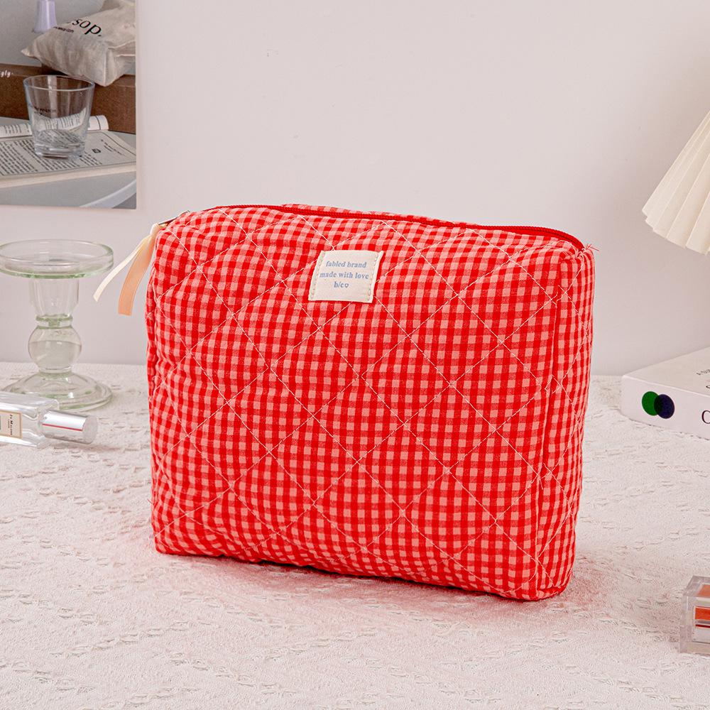 Gestepptes Rot Kariertes 3-teiliges Make-up-Taschen-Set mit Clutch mit großem Fassungsvermögen