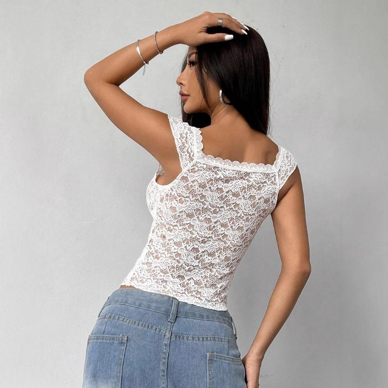 Um Novo Top Curto de Verão Sexy de Renda com Decote em V Transparente Modelador e Justo ao Corpo