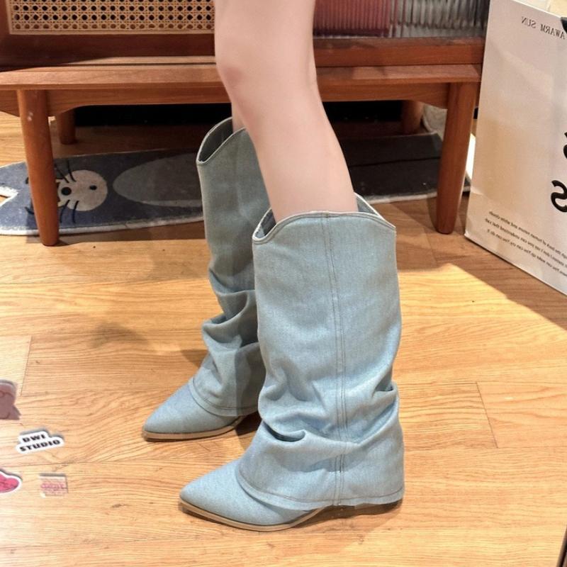 Fashion Denim Women Western Cowboy Boots Fashion Platform Height Increase Ankle Booties Autumn Winter Shoes Zapatos De Mujer