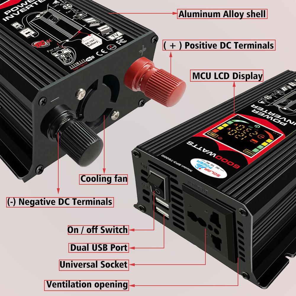 6000W Car Inverter 110V 220V LED Display Car Converter Adapter Modified Sine Wave Charge Converter Dual USB Voltage Transformer