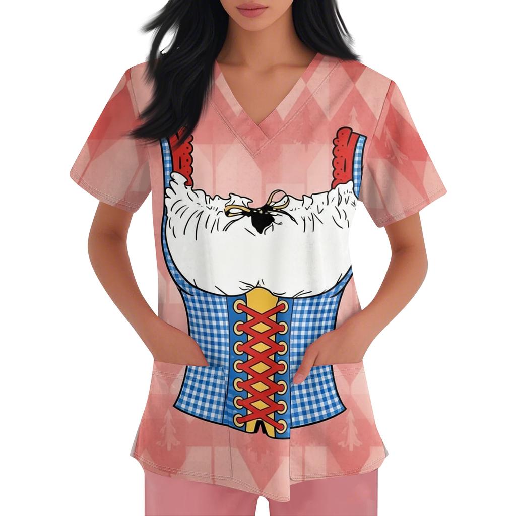 Women V Neck Short Sleeve Work Shirt with Pockets Oktoberfest Print Nursing Scrub Top Comfortable Fit Lightweight Fabric