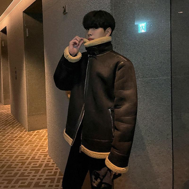 

Пальто из овечьей шерсти и хлопка, мужское зимнее, корейский стиль, свободный мех, цельный, воротник-стойка, замшевое, утолщенное, хлопковое пальто 2XL чёрный