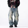 Heavy Jeans Fashion Street Trendy Men Retro Wide-leg Pants New Big Pocket Splicing Tooling Denim Trousers