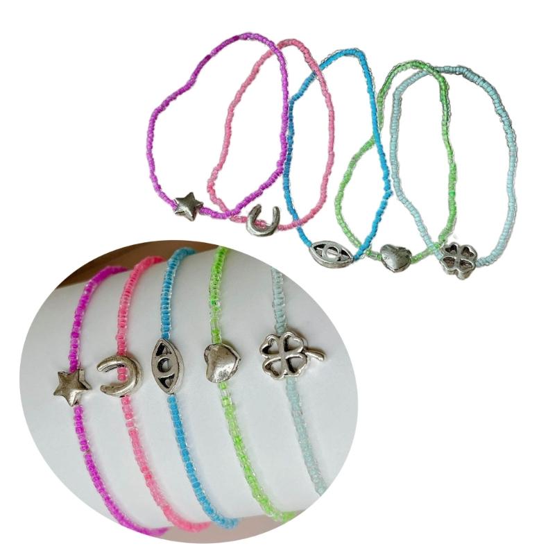 5Piece Bead Bracelets Women Four Leaf Clovers Pendant Bracelets Elastic String