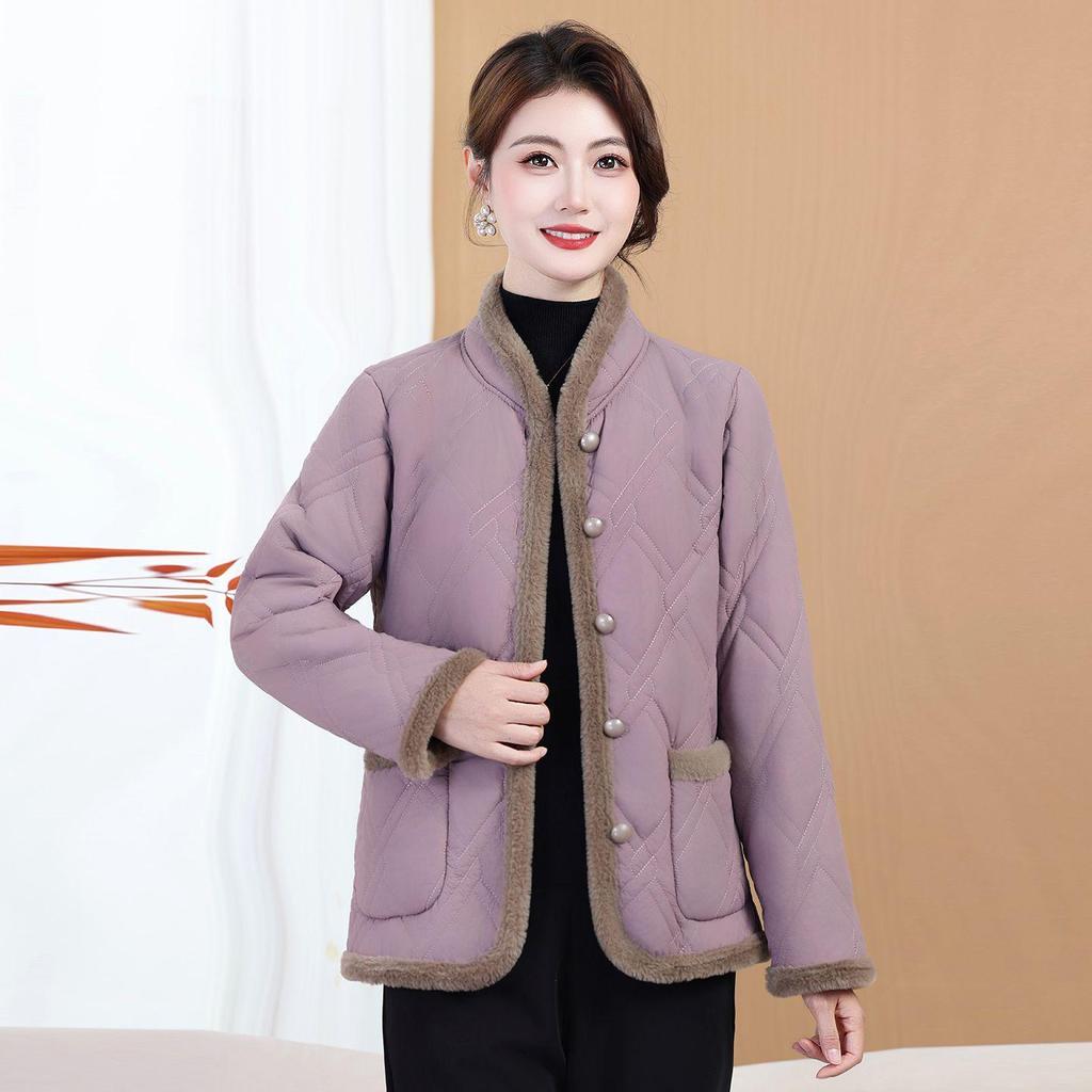 Women's Winter Cotton Jacket: Fleece-Padded, Jacquard Fabric, Age-Reducing, Warm, Chinese-Style, Enhanced Thickness.