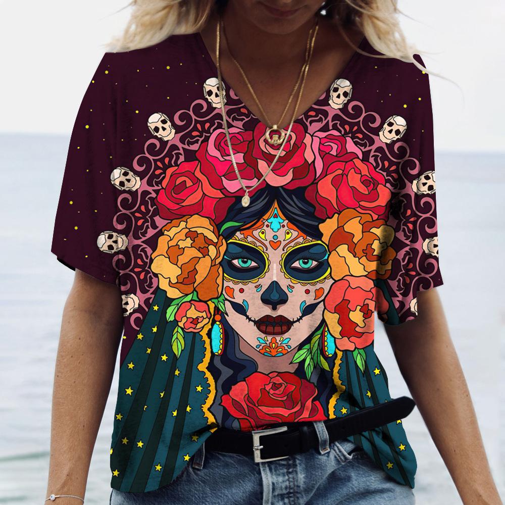 Summer V-neck 3D Flower Skeleton Printed Top Fashionable Casual Short Sleeved Women's T-shirts