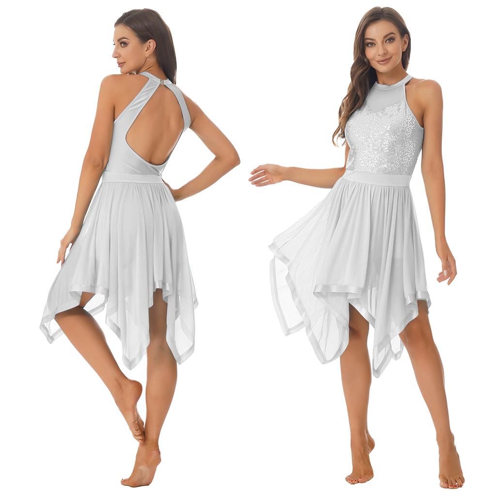 Bayan Parlak Payetler Patchwork Elbise Halter Backless Asimetrik Hem Örgü Elbiseler Dans Performansı Kostüm
