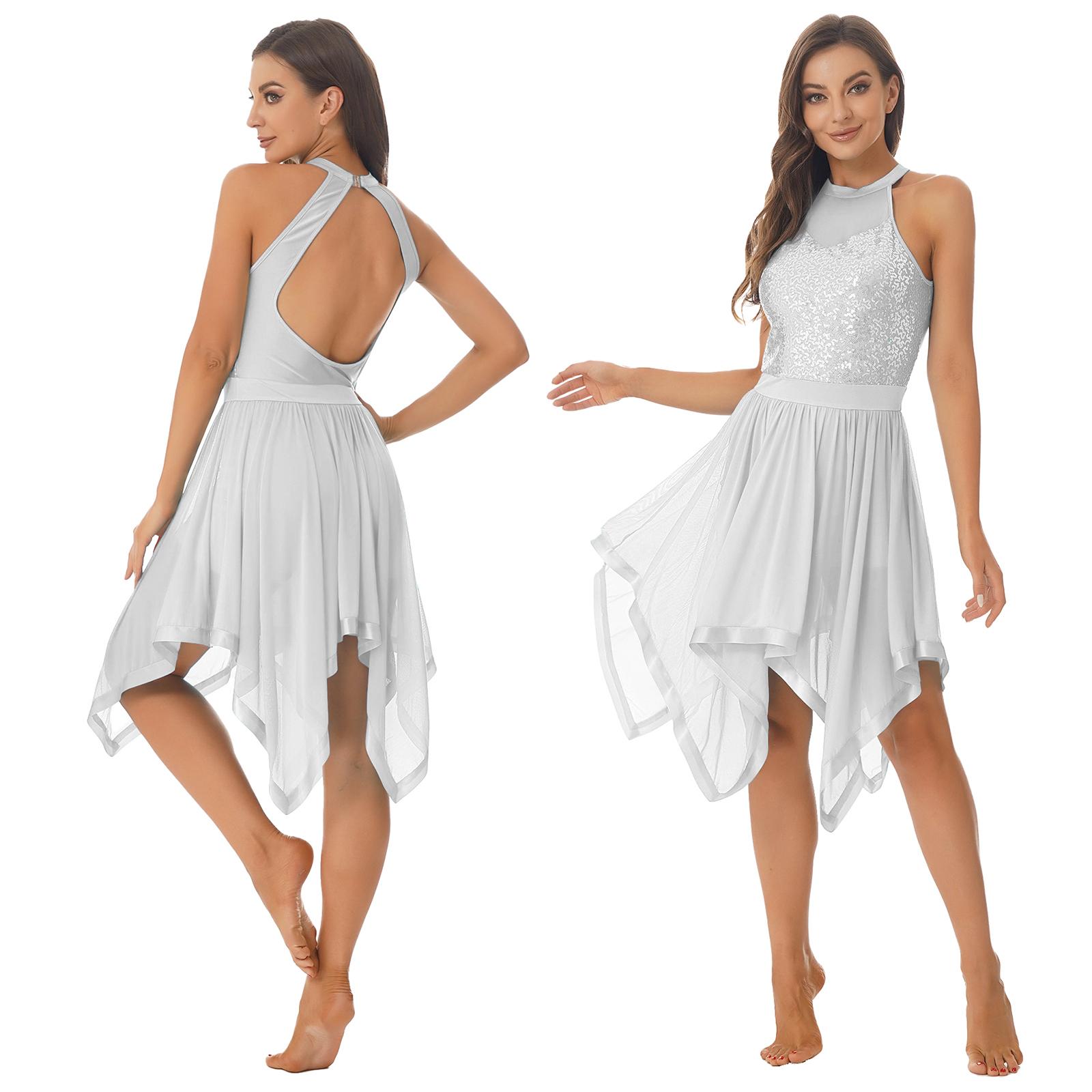 IEFiEL Vrouwen mouwloze backless lyrische dans ballet turnpakje jurk glanzende pailletten mesh kunstschaatsjurk prestaties danskleding S wit