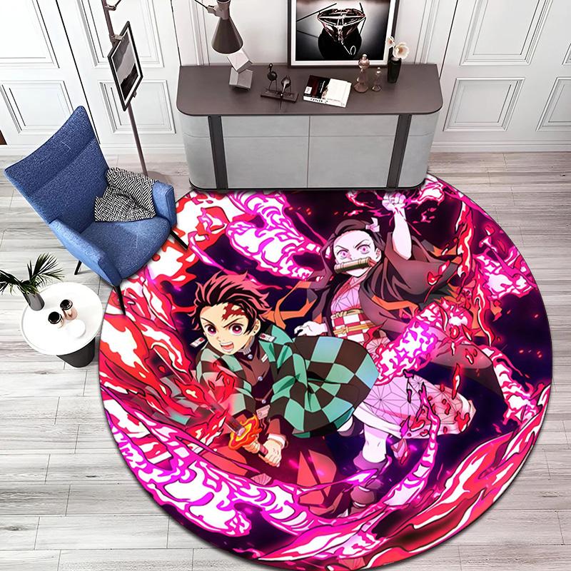 Classic Japanese-style Cartoon Demon Slayer Round Rug, Home Soft Decorative Anti-slip Yoga Mat and Chair Mat, Outdoor Floor Mat Carpet K13