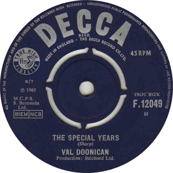 

7inch Record VAL DOONICAN - The Special Years F12049 Decca 1965 UK Pop Used