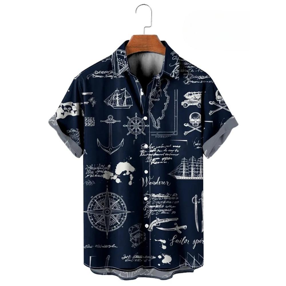 Vintage Button Up Shirt Man 3d Map Printed Short Sleeve Hawaiian Shirt Lapel Men's Clothing Casual Fashion Tops