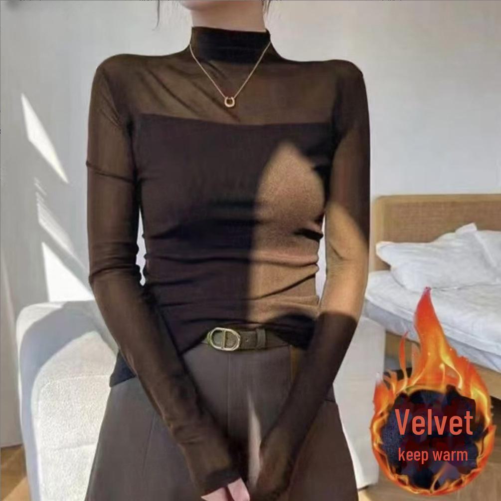 2024 Autumn Women's Retro Slim Fit Mesh Stitching Long-Sleeved Shirt with Half-High Collar