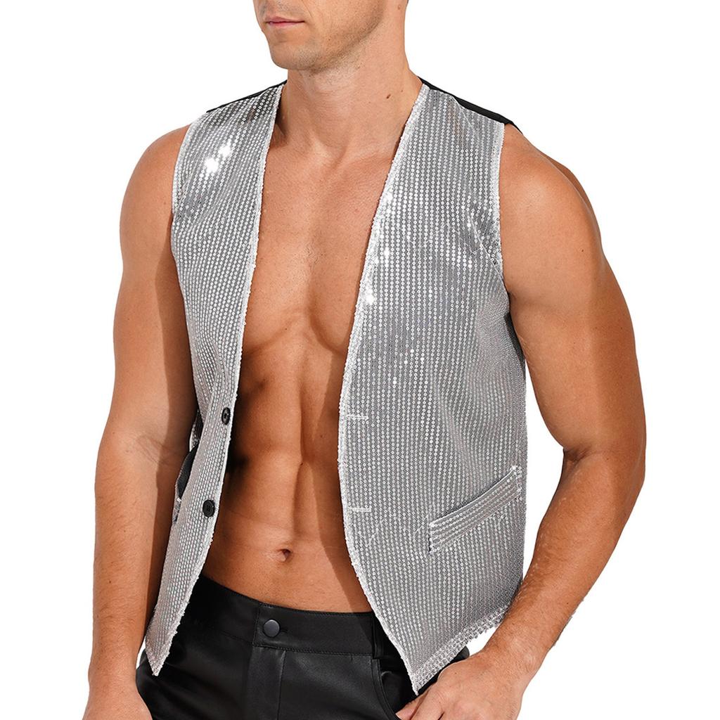 Foweknow Gilet à Paillettes Pour Homme - Col En V - Sparkly - Sans Manches - Pour Fête à Thème Discothèque - Pour Mariage, Fête, Carnaval, Discothèque, Tenue D'hôte, Blanc., M