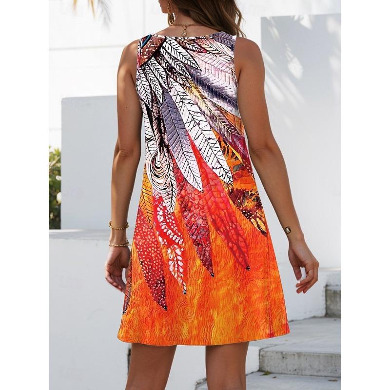 Ärmelloses Damen-Minikleid mit Rundhalsausschnitt, locker, Print, Gelb Blau Lila Orange, Lässig, Frühling Sommer, Strand, Alltags