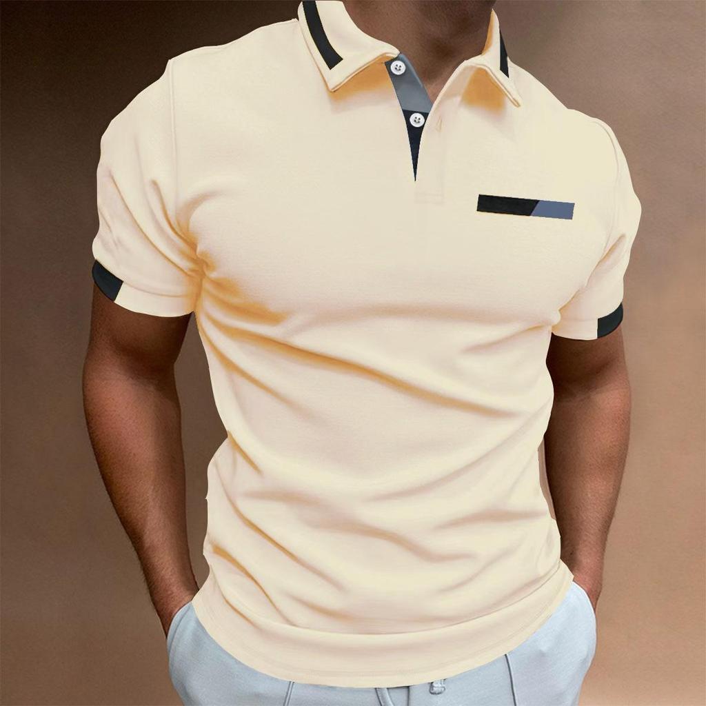 New Men's Casual POLO Shirt Chest False Pockets Lapel Buttons Business T-shirt Tops Male