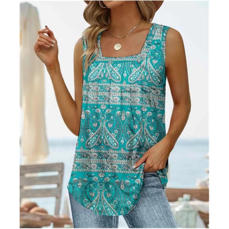 Women's Summer Sleeveless Square Neck Printed T-Shirt Temperament Comfortable Loose Tank Top
