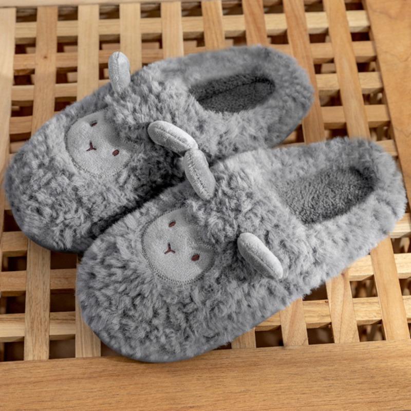 Cute cotton slippers women's winter indoor home thick bottom velvet warm couple plush cartoon lamb cotton drag men