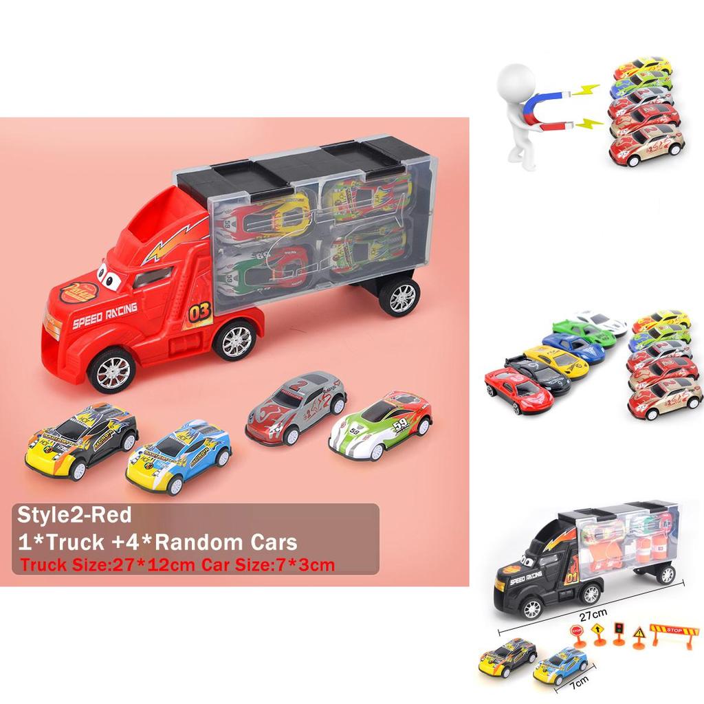 Ultimate Toy Truck Carrier Play Set With 4 Vibrant Mini Cars And Road Signs