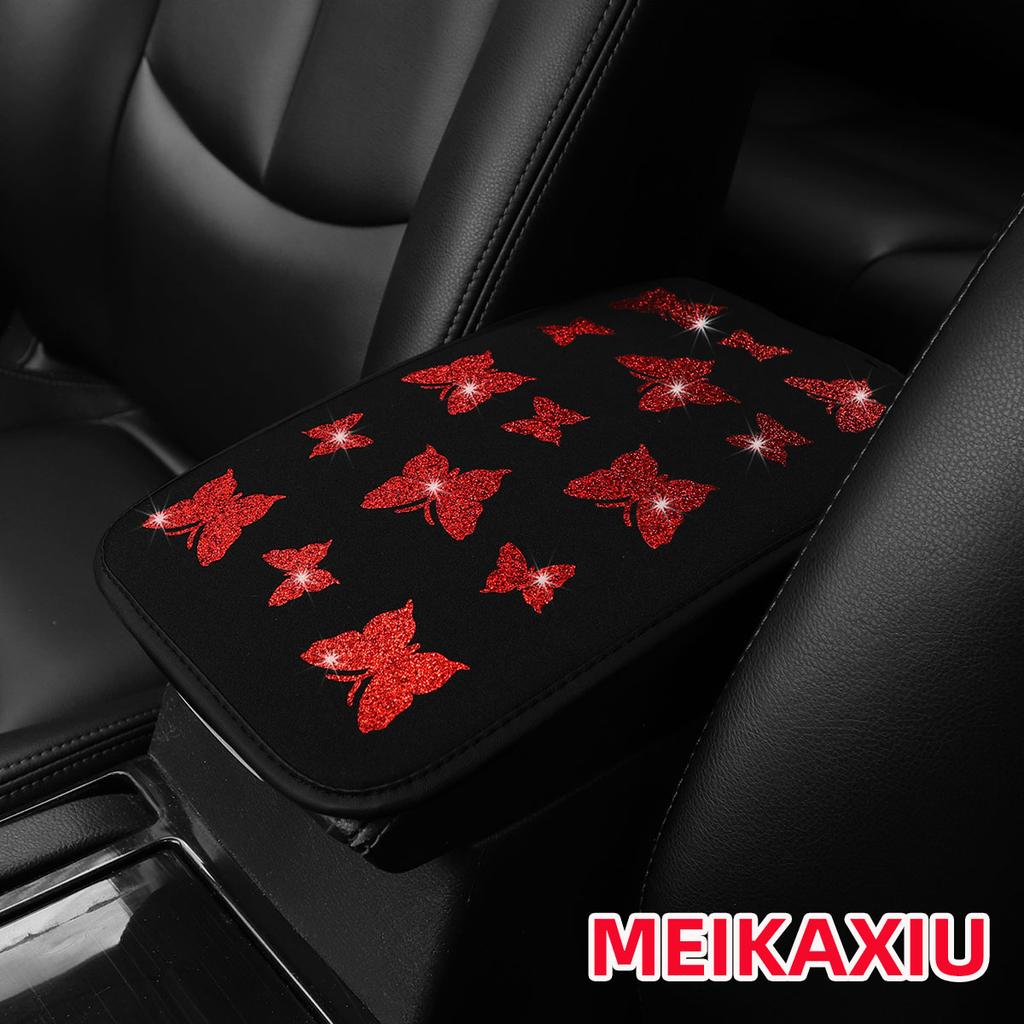 1 Beautiful Butterfly Glitter Blingbling Fabric Waterproof Car Armrest Pad 12.6 "X7.5" Car Accessories for Women