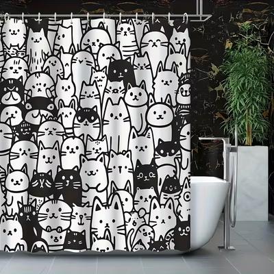 VIKAMA Niedlicher Schwarz-Weiß-Cartoon-Katzen-Duschvorhang, Ganzjahresnutzung, Maschinenwaschbar, Tier-Badezimmerdekoration