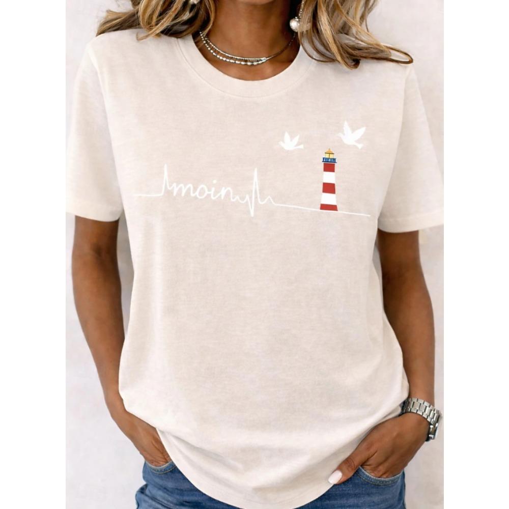 Fashion Women Retro Creative Lighthouse Seagull Print T Shirt Funny Casual O-neck Short Sleeves T-shirt Summer Female Tee Shirt