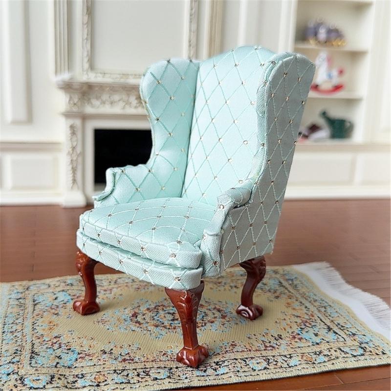 Miniature Pink Quilted Armchair Wooden Doll Furniture 1/12 Scale For Living Room Scene Accessories