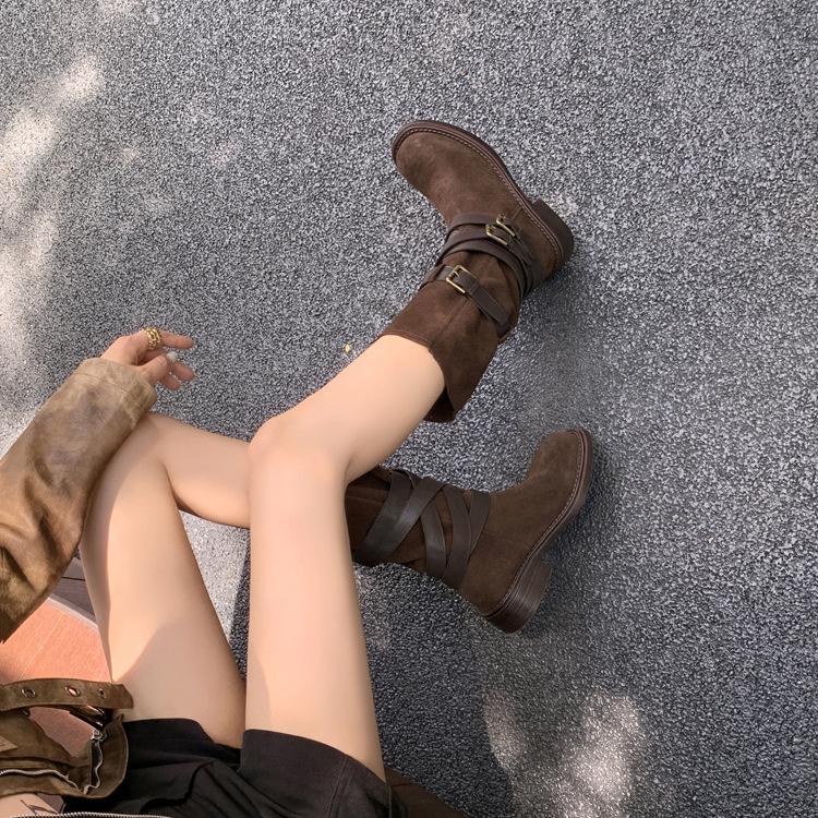 Cowhide Western Cowboy Boots Women's Brown Belt Buckle Pile Boots Medium Knight Boots New Retro Strap Boots Women