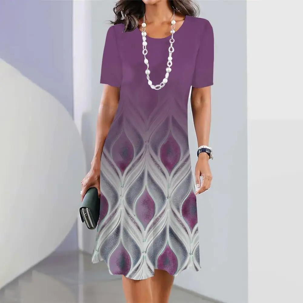 Womens Dresses 3d Gradient Geometric Printhing Dress Crushed Flower Short Sleeves Party Clothing Elegant Tops Retro A-Line Skirt