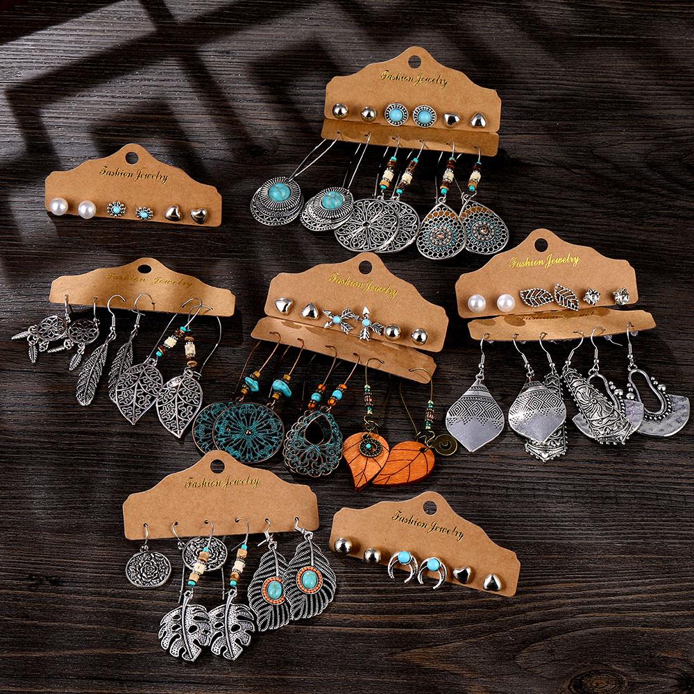 6 Pcs / Set Bohemian Ladies Vintage Tassel Pendant Starfish Pearl Ethnic Style Leaf Pattern Earrings KTJ
