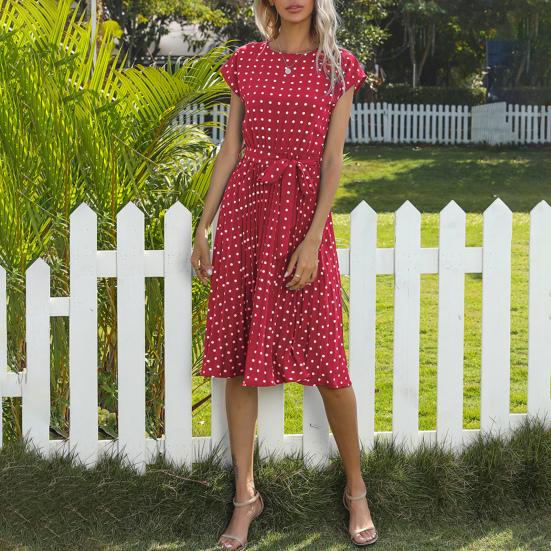 Women Polka Dot Print Midi Dress Crewneck Short Sleeve A-line Dress with Belt Summer