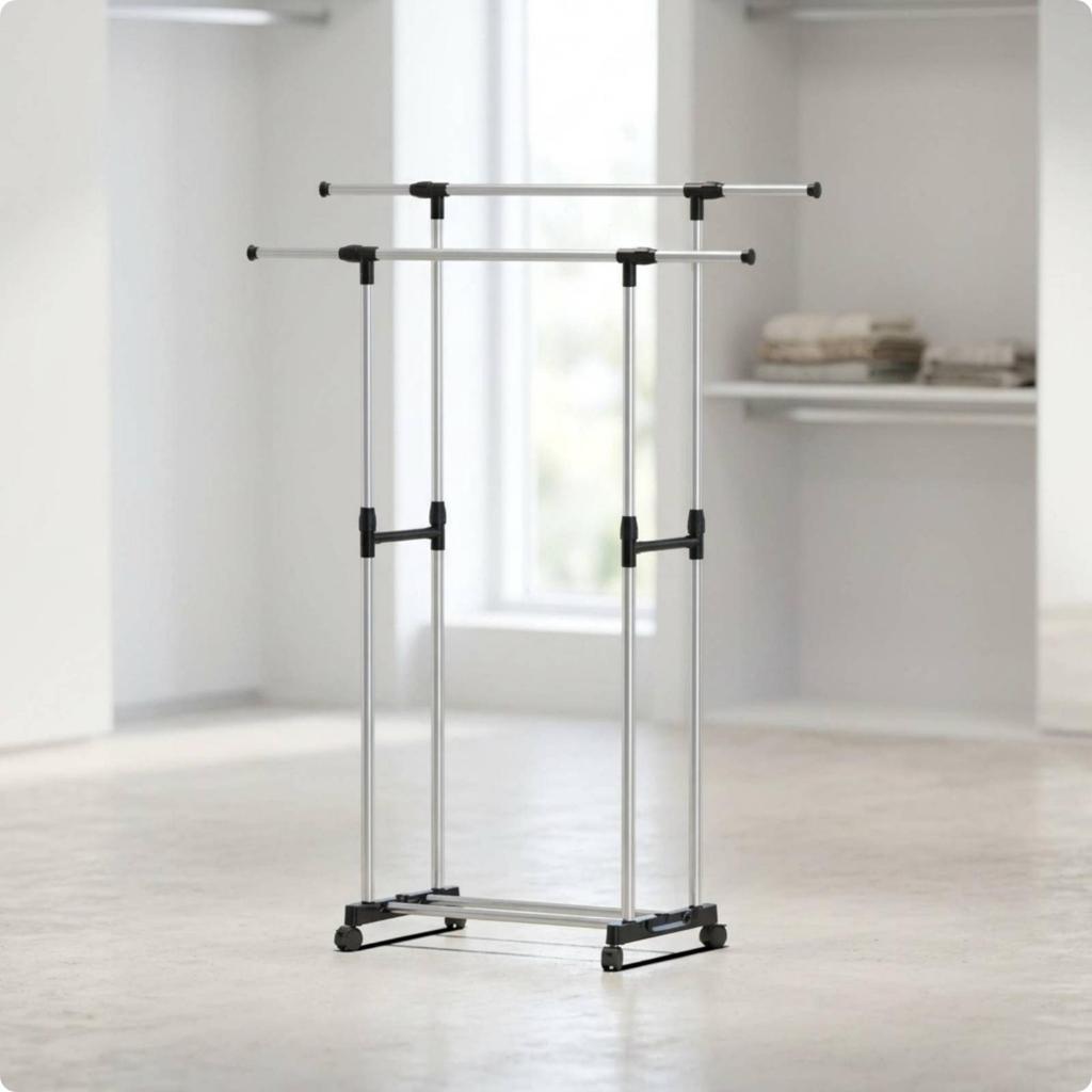 Double-Rod Clothes Rack Portable Furniture Sturdy for Dorm Room, Balcony