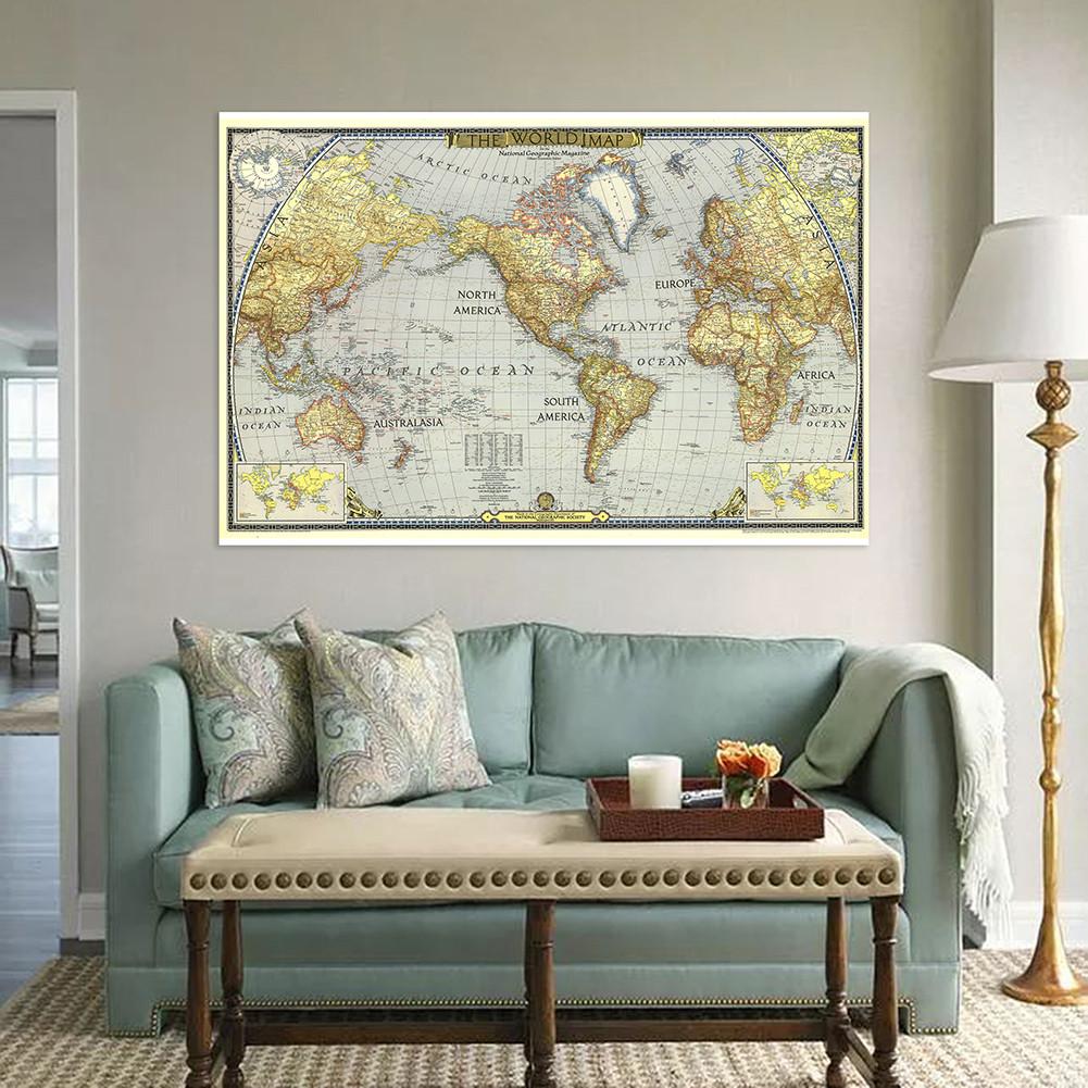 Vintage 1943 World Map Poster Retro Antique Globe Art Print Large Canvas Wall Map Educational Travel Map for Home Office School Wall Decor