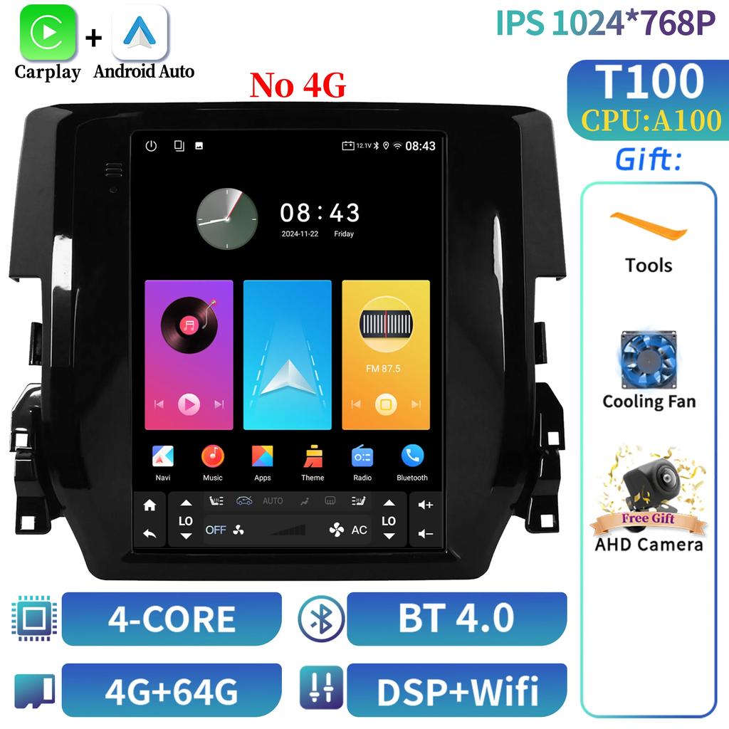 9.7inch For European Left Rudder Honda Civic 2016-2018 Car Radio Android Multimedia Navigation CarPlay 4G GPS Screen Stereo GPS