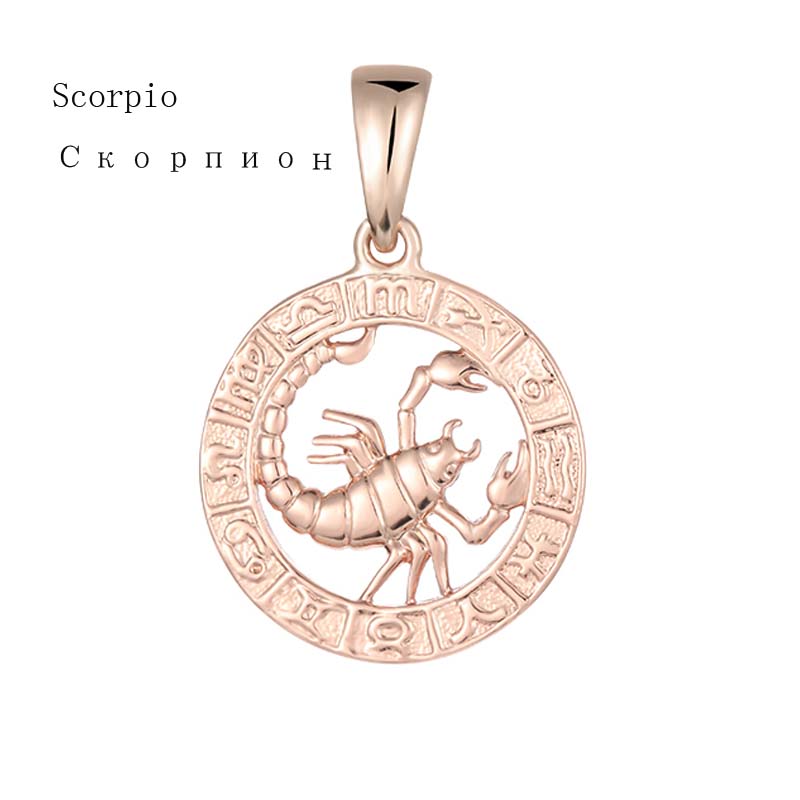 FJ 12 Zodiac Sign 585 Gold Color Constellation Rose Pendants Capricorn/Gemini Twisted + 50cm Chain Women Men Zircon