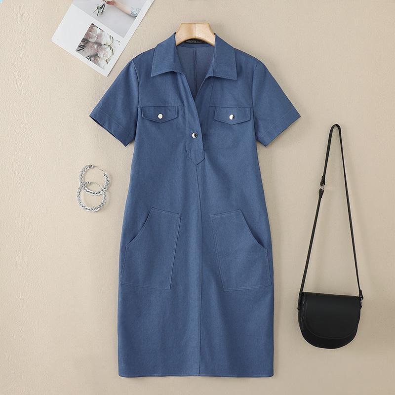 ZANZEA Vestido feminino casual com gola virada para baixo azul jeans manga curta
