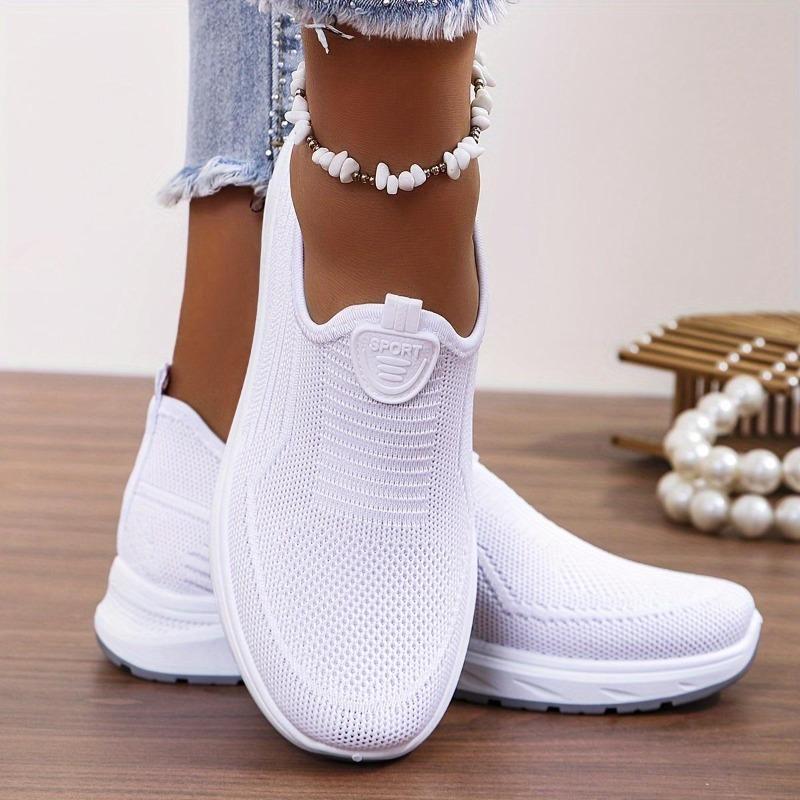 Women's Solid Color Platform Sneakers, Breathable Knit Slip On Outdoor Shoes, Comfortable Low Top Sport Shoes