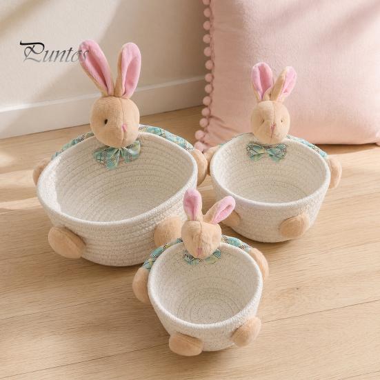Gentle Color Storage Basket Desktop Basket, Cartoon Plush Bear And Rabbit Rope Decorative Plaid Bow Organizer Shape, Woven for Small Items Jewelry